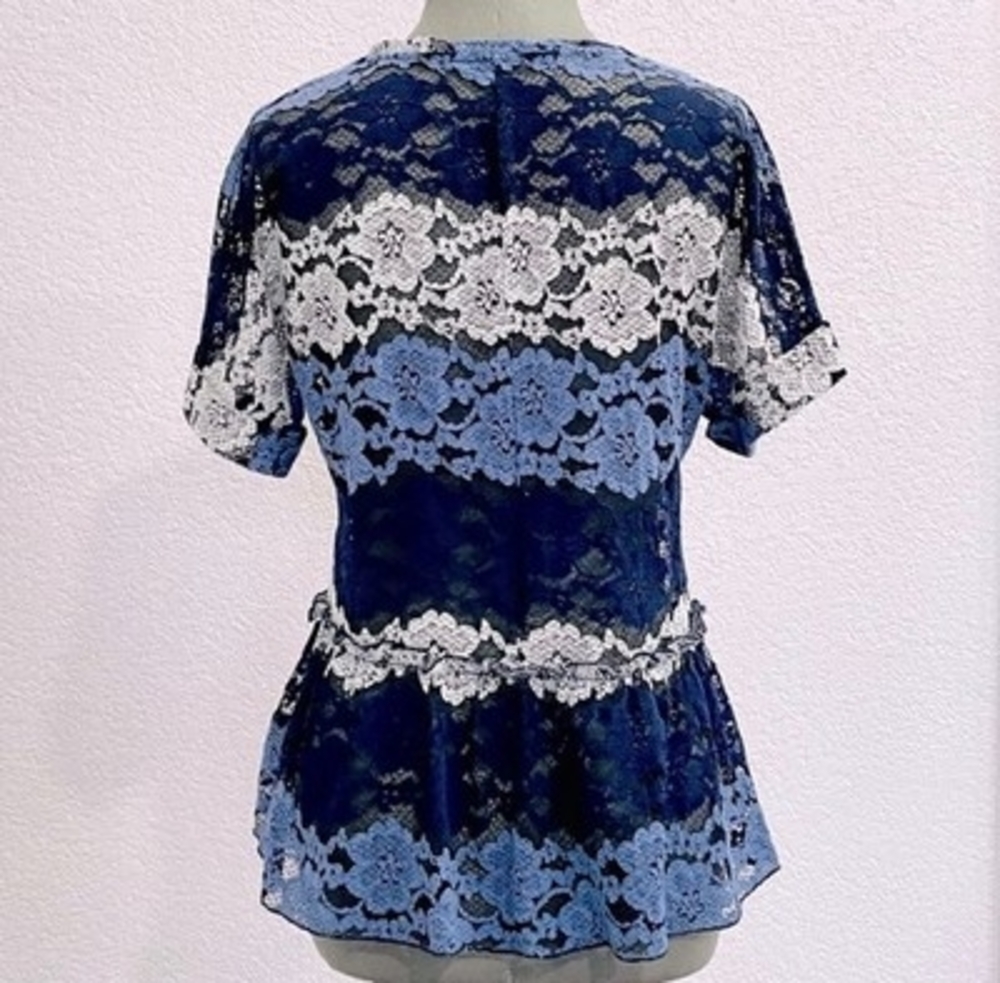 Eva Franco Peplum Top M Striped Lace Floral Short Sleeve USA Made Excellent - Picture 4 of 9